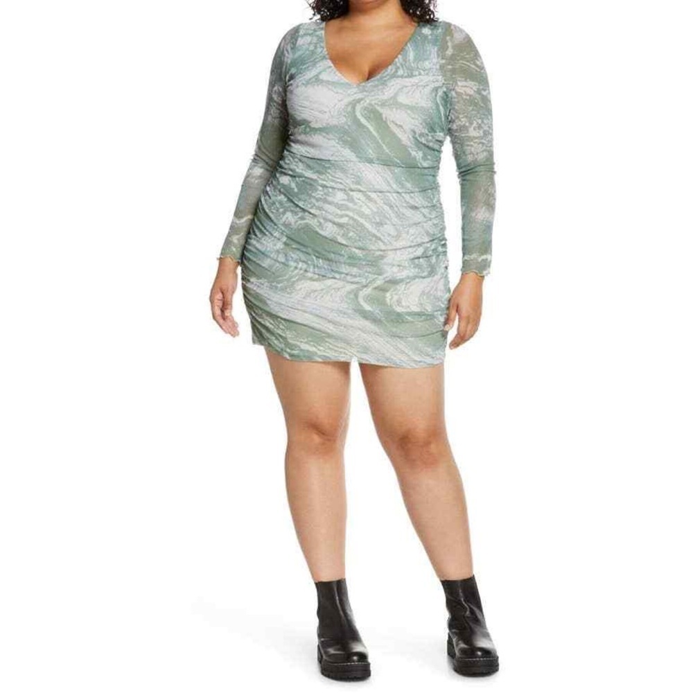 NWT BP Green Marble Mesh Ruched Long Sleeve Bodycon Dress 3X